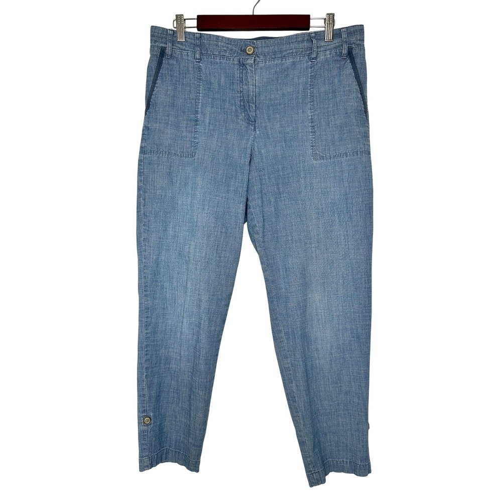 Talbots Chambray Straight Leg Button Tab Cuff Pants Size 12 Blue Cotton Blend